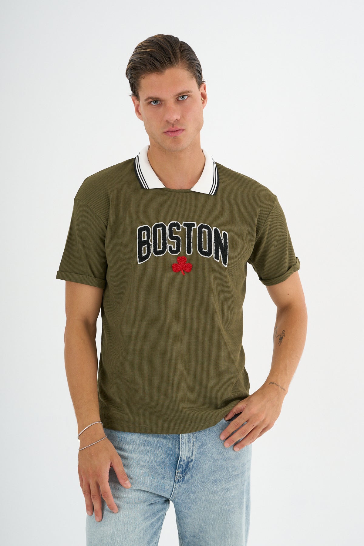 Typo Erkek Slim Fit Polo Tişört Haki