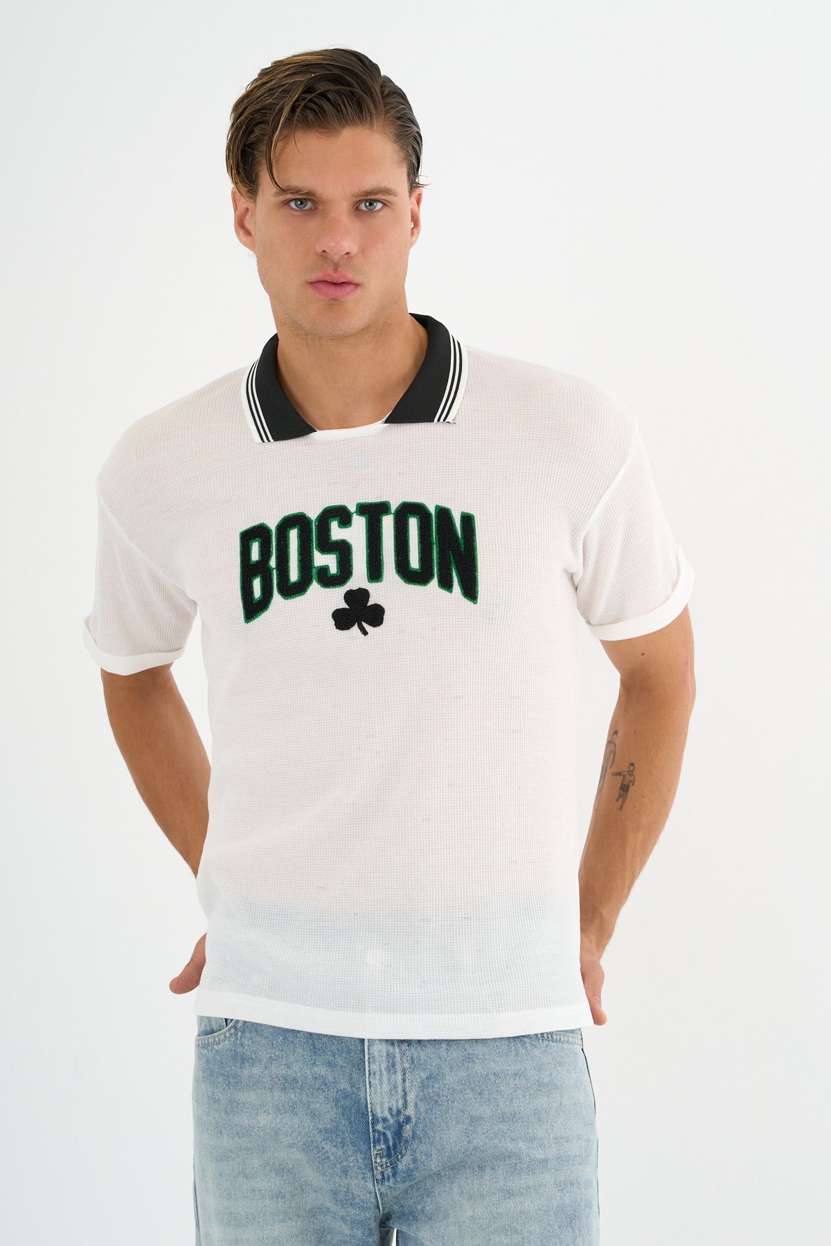 Typo Erkek Slim Fit Polo Tişört Beyaz