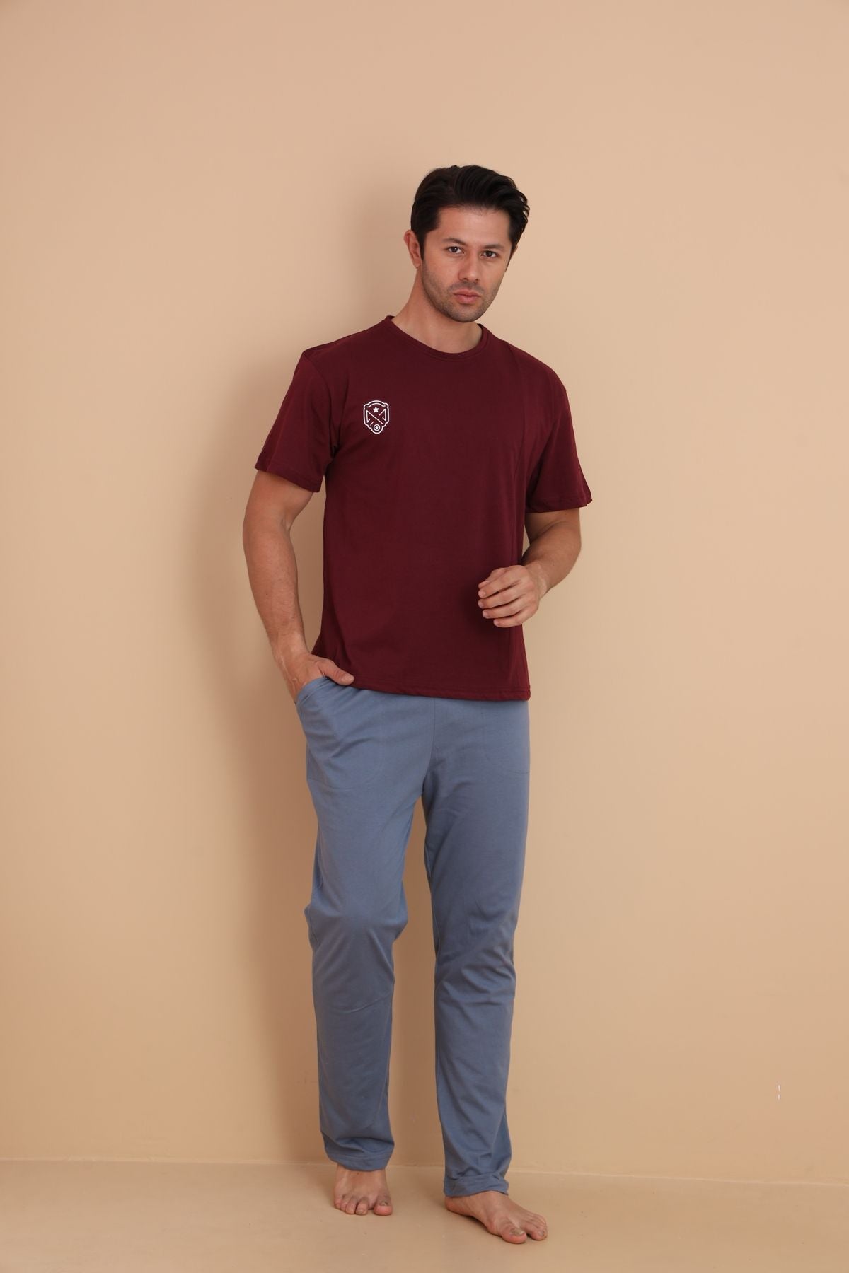 Erkek Kısa Kol Pijama Takımı 9000 Bordo