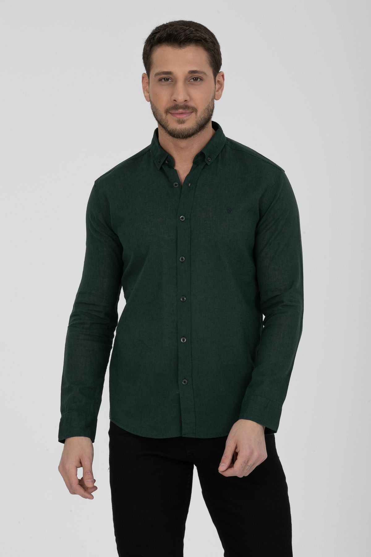 Erkek Yıkamalı Keten Basic Gömlek Slim Fit 2198 Yeşil