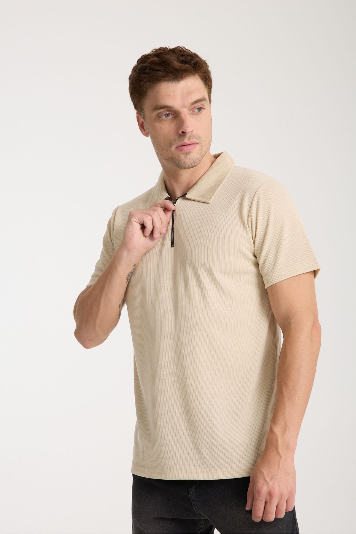 Verge Slim Fit Polo Yaka T-shirt Taş