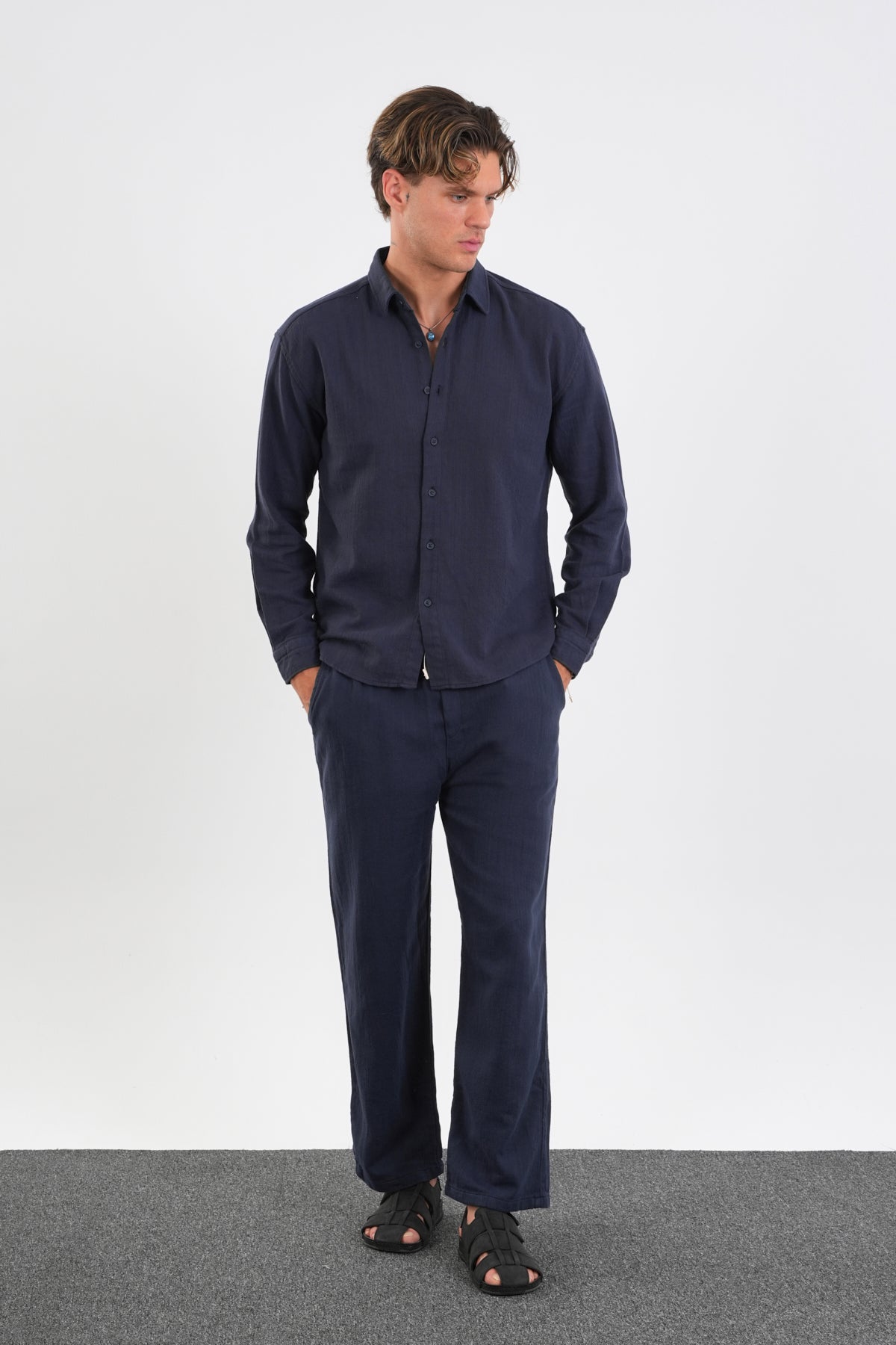 Flare Kışlık Baggy Pantolon Oversize Gömlek Alt üst Takım Lacivert