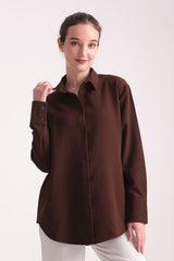 Pure Oversize Iç Göstermeyen Uzun Basic Kadın Gömlek Kahverengi