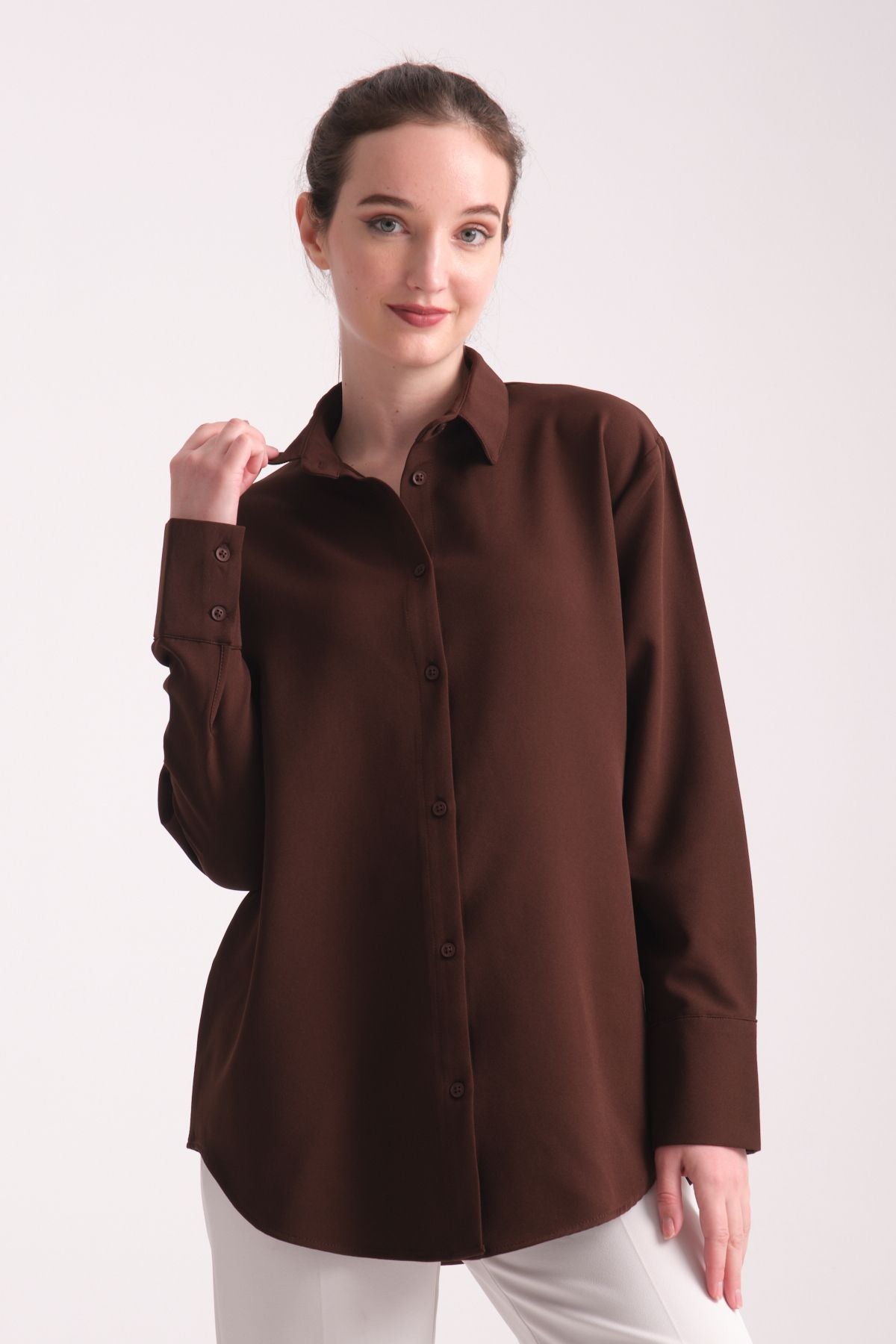 Pure Oversize Iç Göstermeyen Uzun Basic Kadın Gömlek Kahverengi