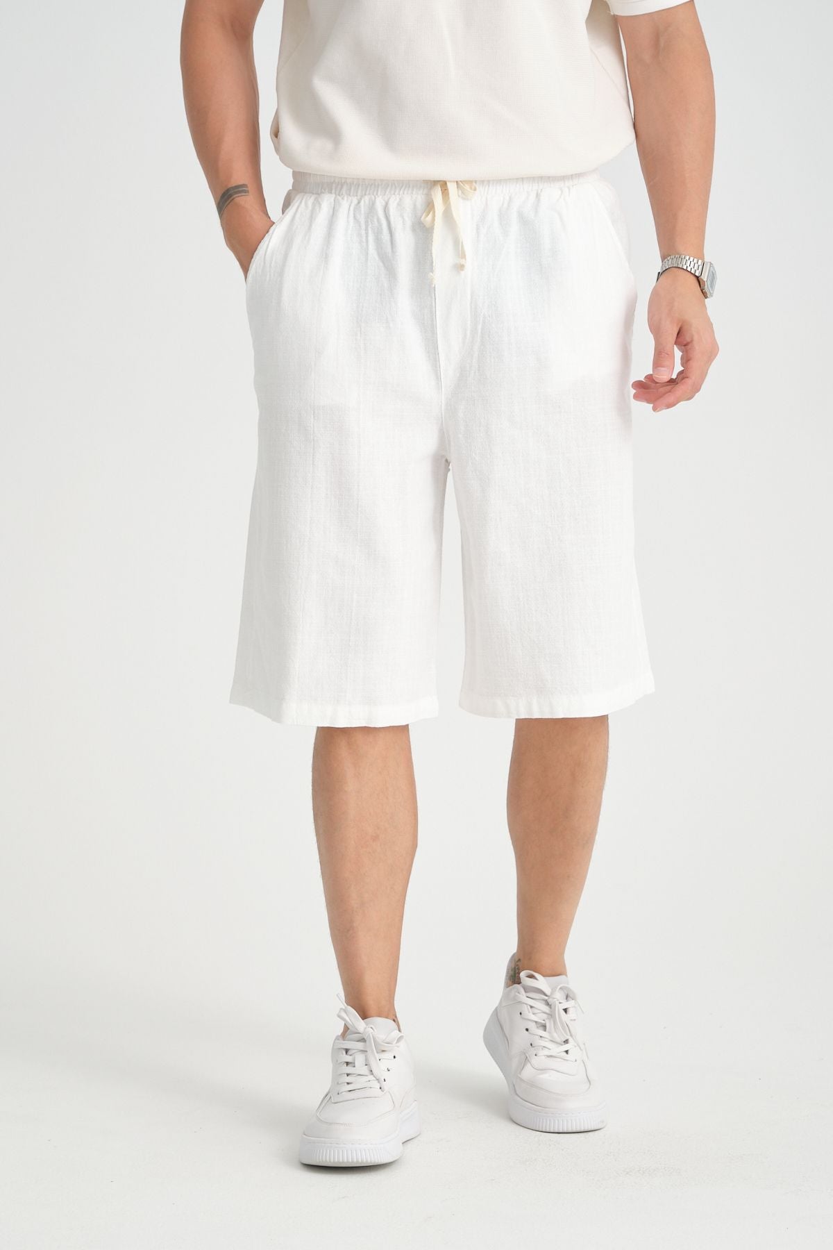 Erkek Baggy Fit Rahat Kesim %100 Pamuk Yumuşak Dokulu Şort Kapri Beyaz