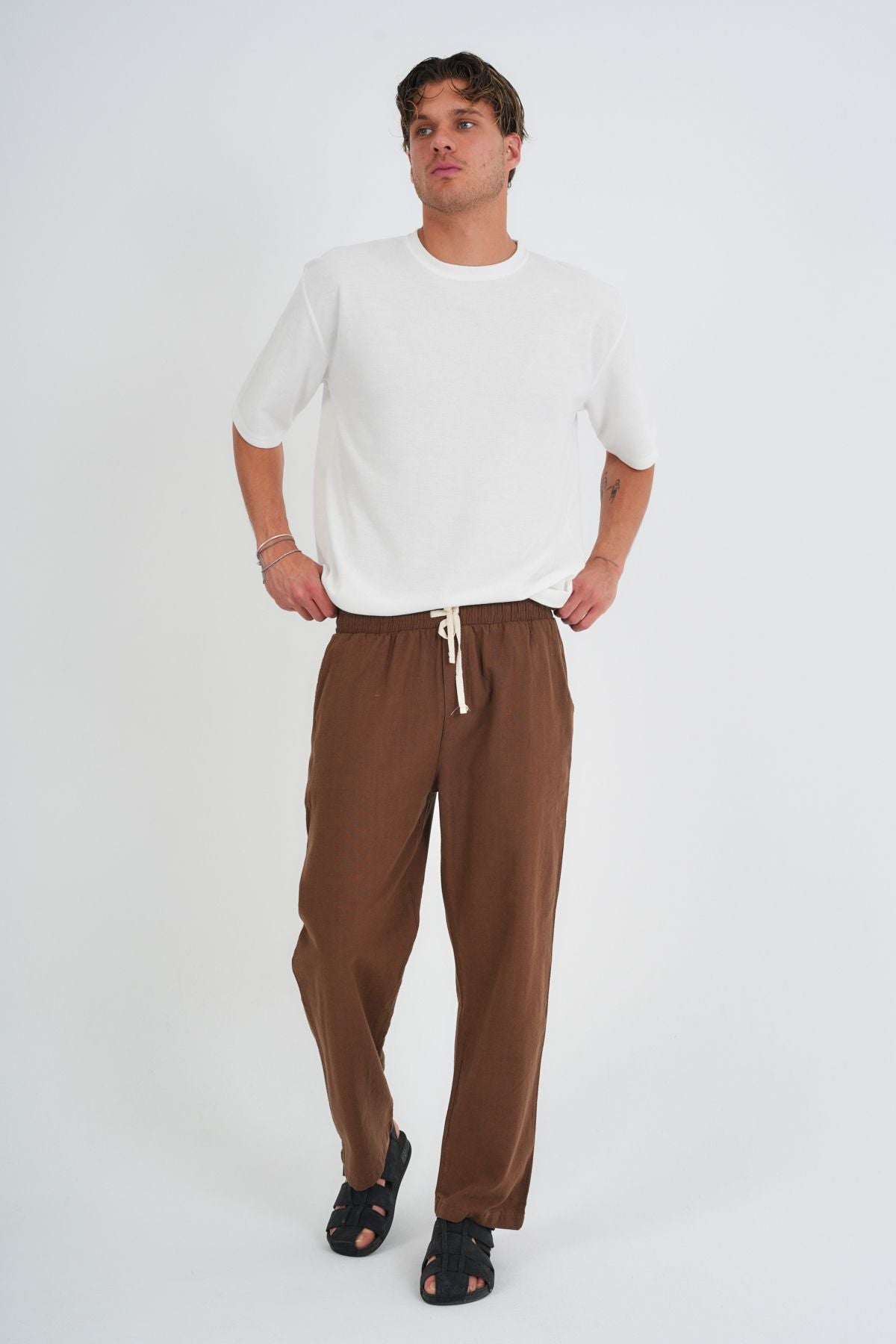 Comforted Erkek Baggy Keten Rahat Pantolon Bol Paça Yeni Sezon Kahverengi