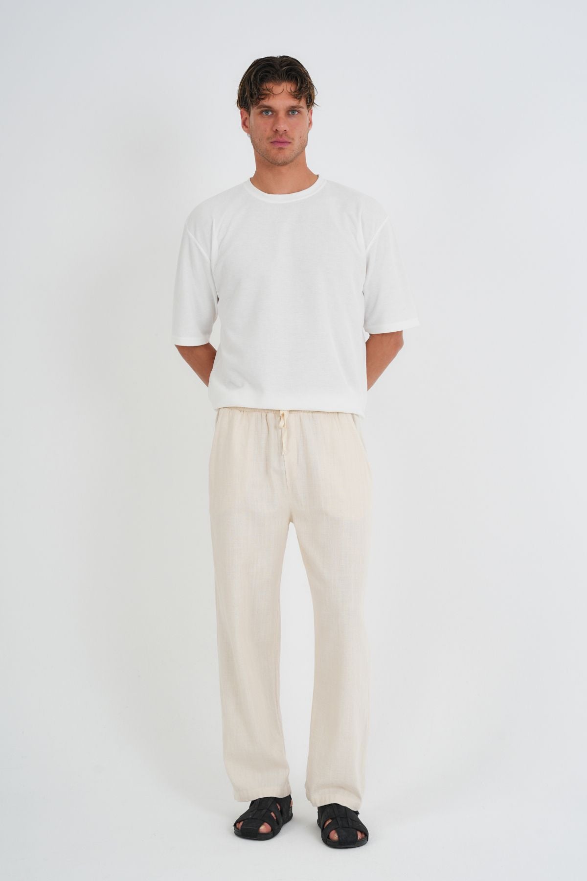 Comforted Erkek Baggy Keten Rahat Pantolon Bol Paça Yeni Sezon Bej