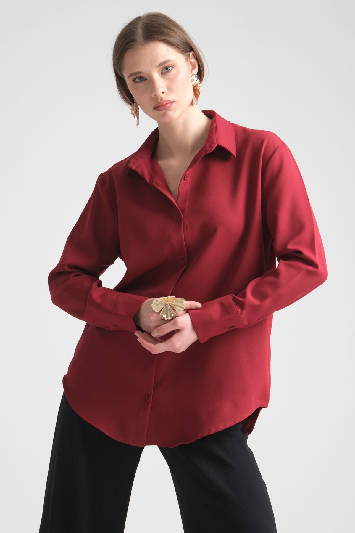 Pure Oversize Iç Göstermeyen Uzun Basic Kadın Gömlek Bordo