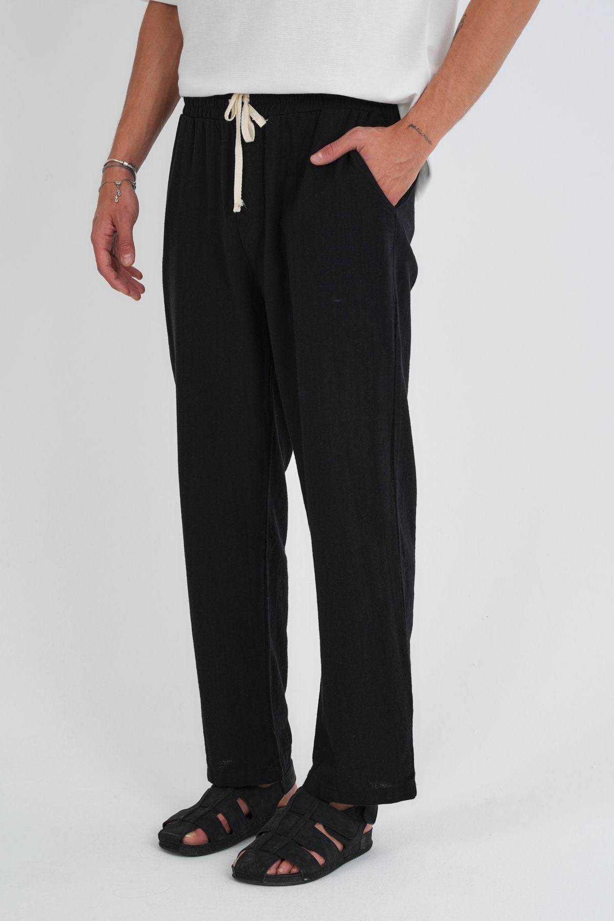 Comforted Erkek Baggy Keten Rahat Pantolon Bol Paça Yeni Sezon Siyah