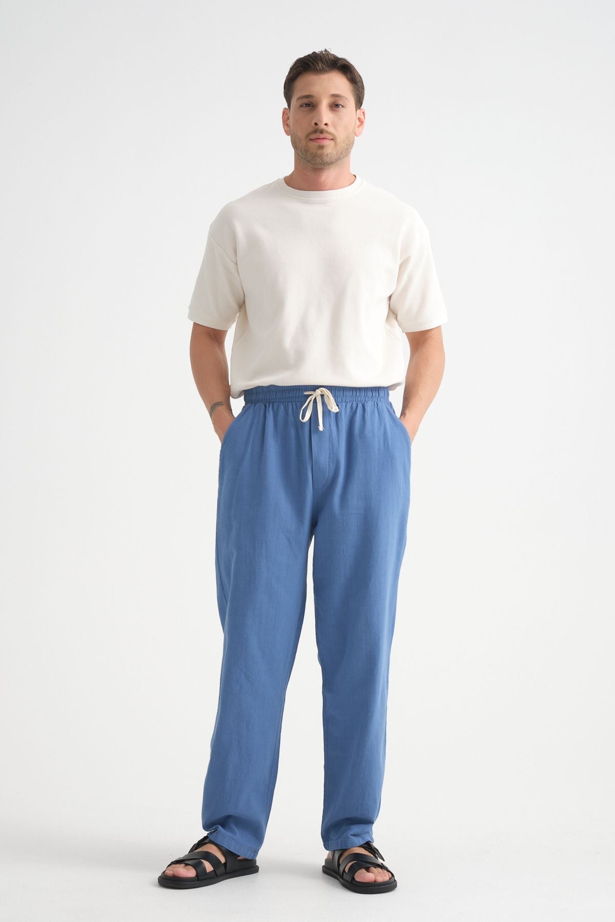 Comforted Erkek Baggy Keten Rahat Pantolon Bol Paça Yeni Sezon İndigo