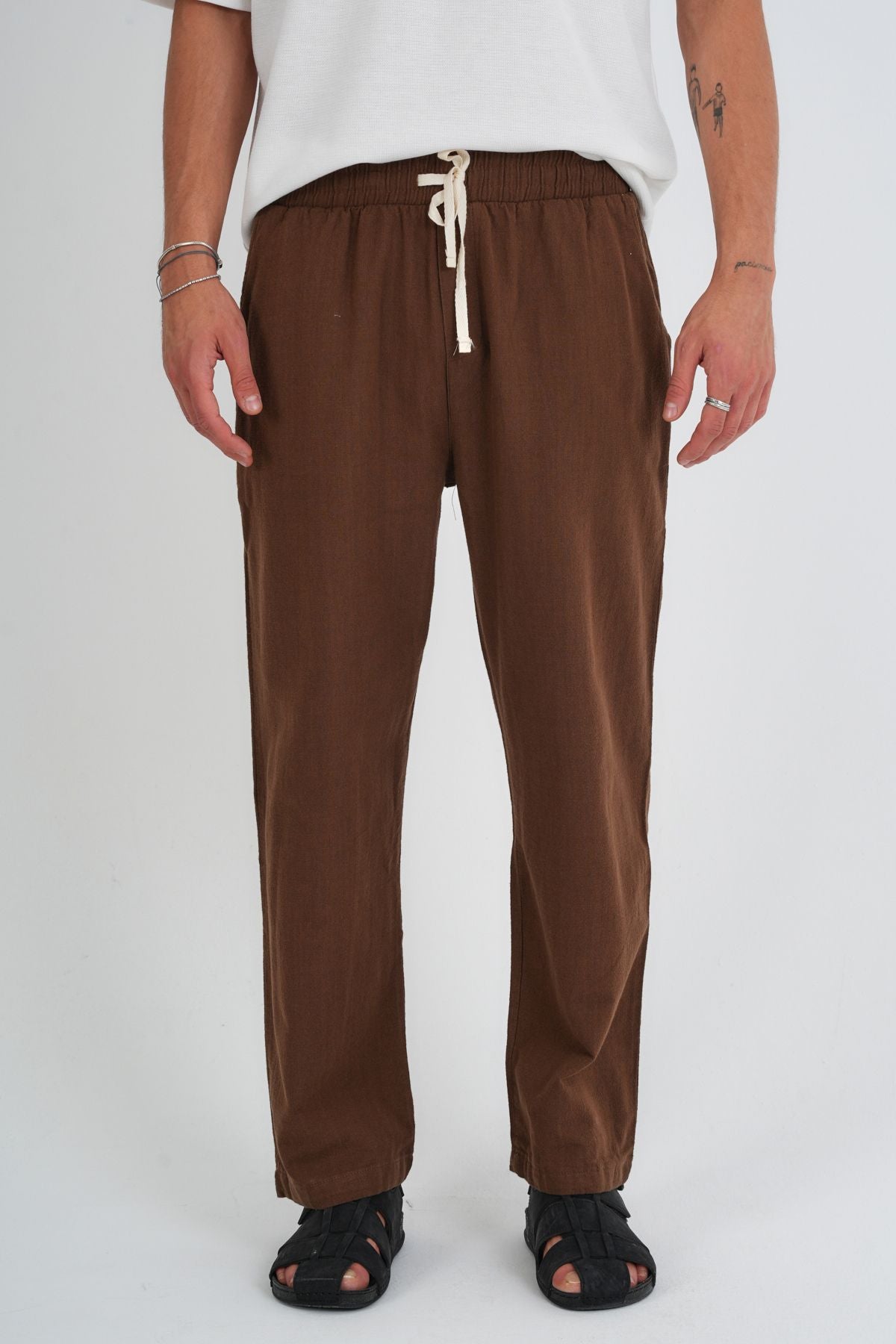 Comforted Erkek Baggy Keten Rahat Pantolon Bol Paça Yeni Sezon Kahverengi