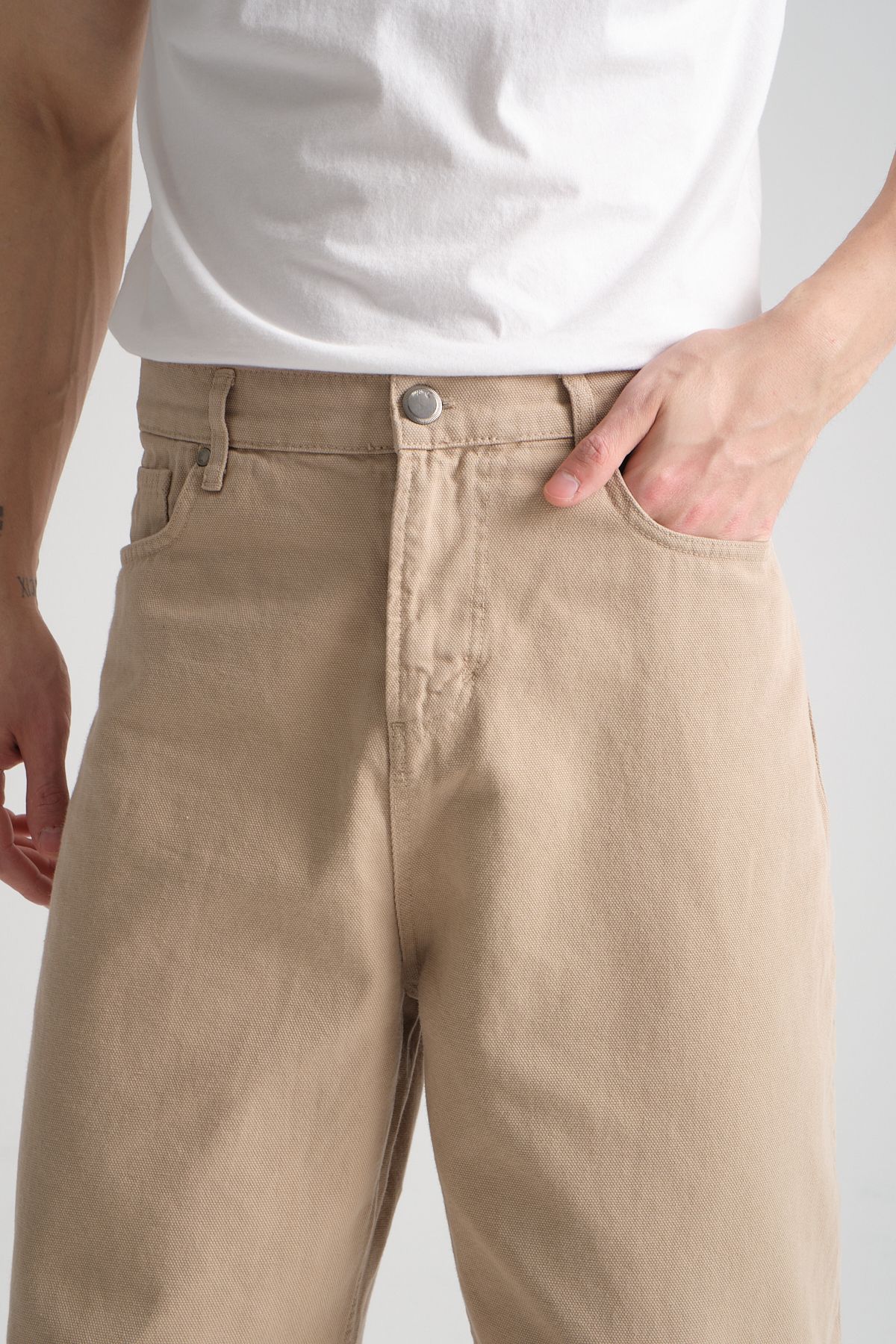 Canvas Pamuk Baggy Pantolon Bej