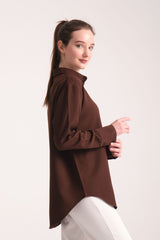 Pure Oversize Iç Göstermeyen Uzun Basic Kadın Gömlek Kahverengi