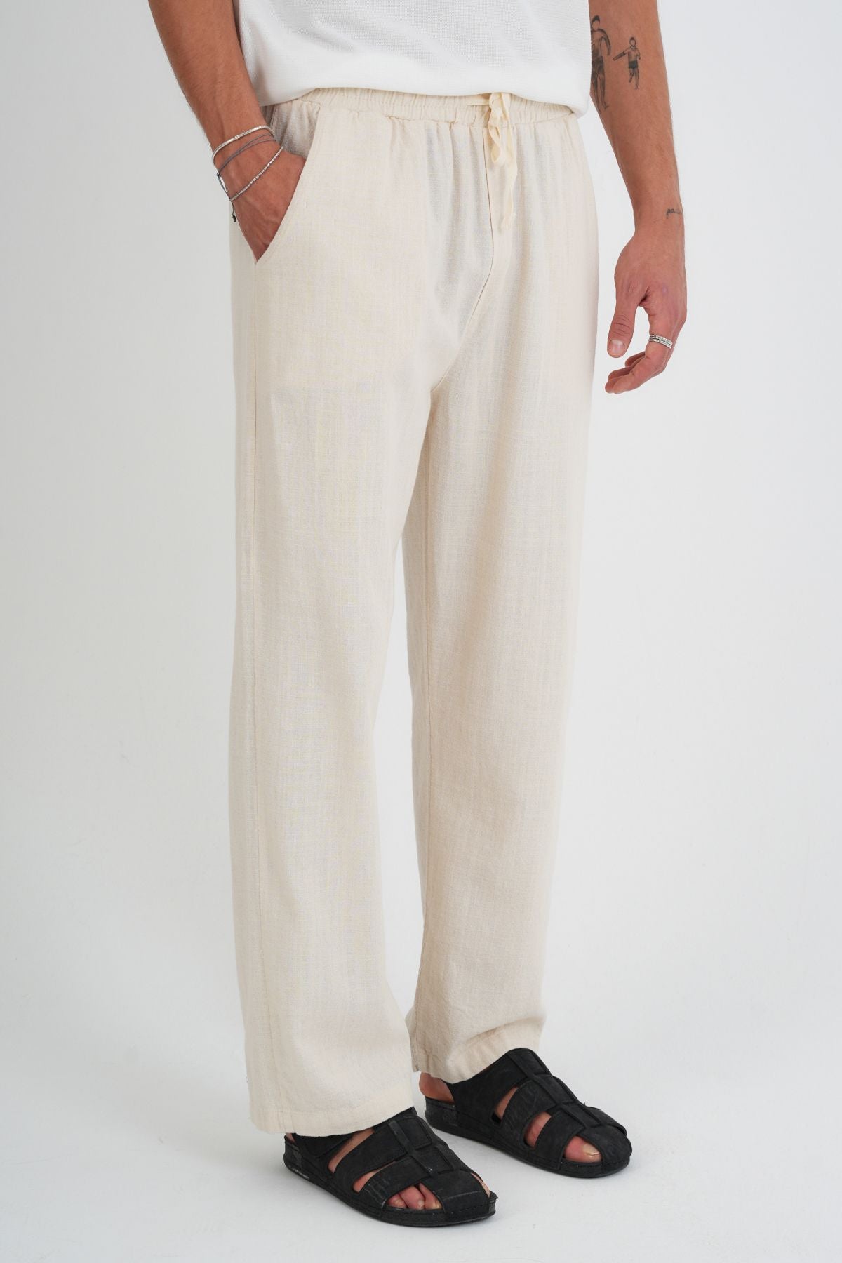 Comforted Erkek Baggy Keten Rahat Pantolon Bol Paça Yeni Sezon Bej