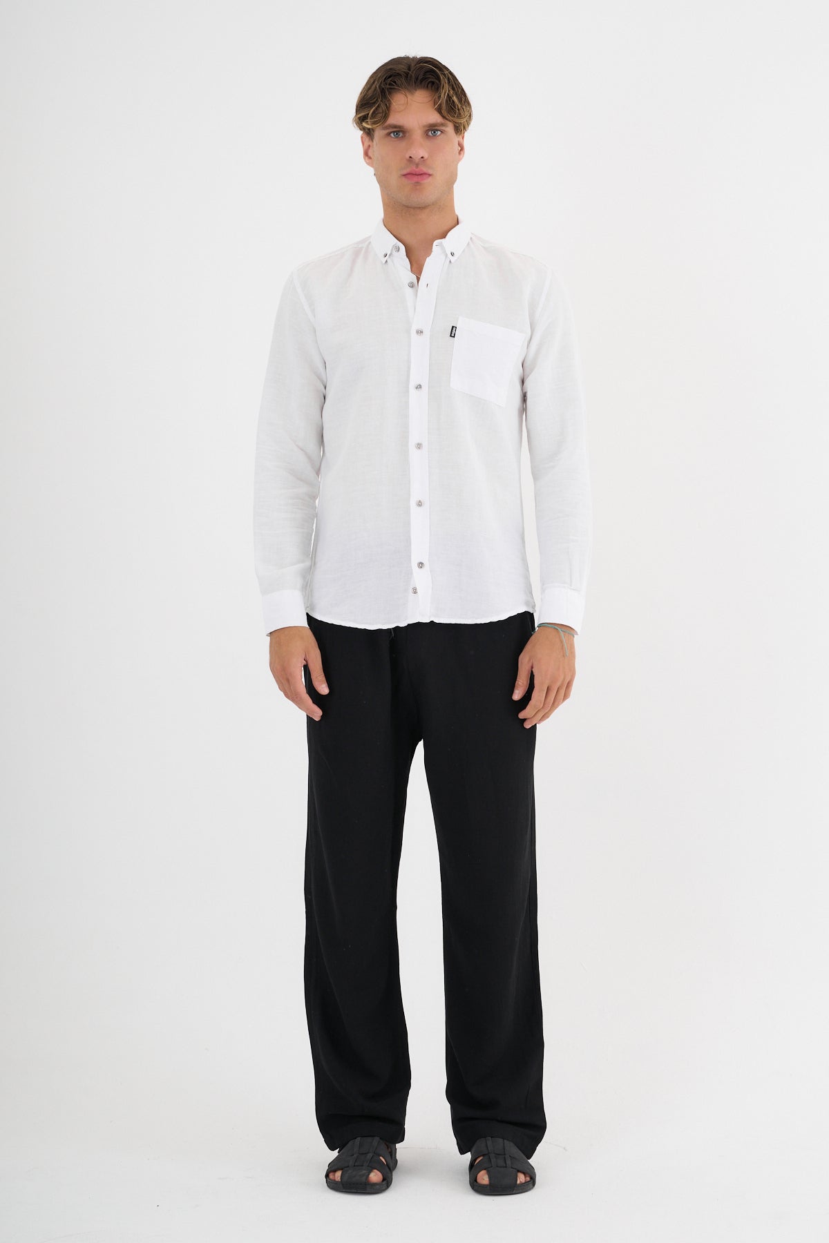 Erkek Keten Basic Gömlek Beyaz Slim Fit BEYAZ
