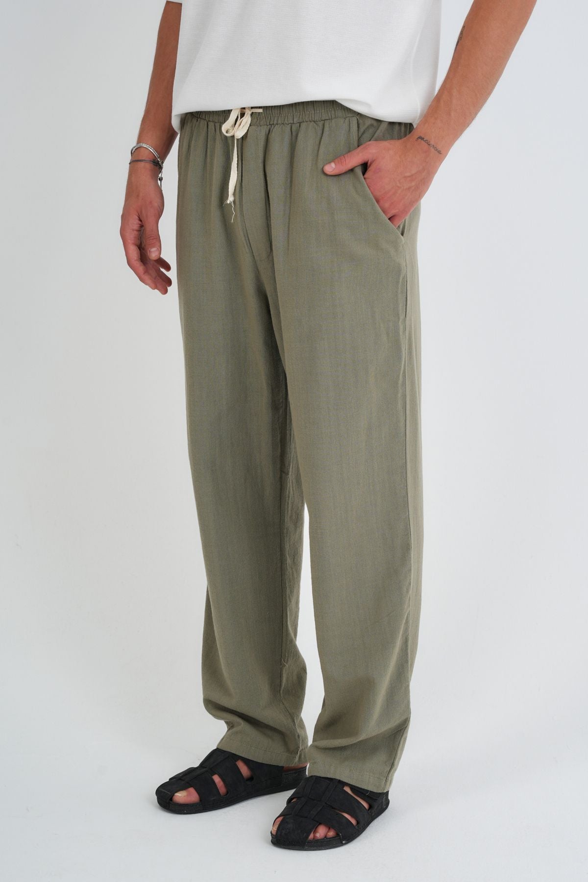 Comforted Erkek Baggy Keten Rahat Pantolon Bol Paça Yeni Sezon Haki