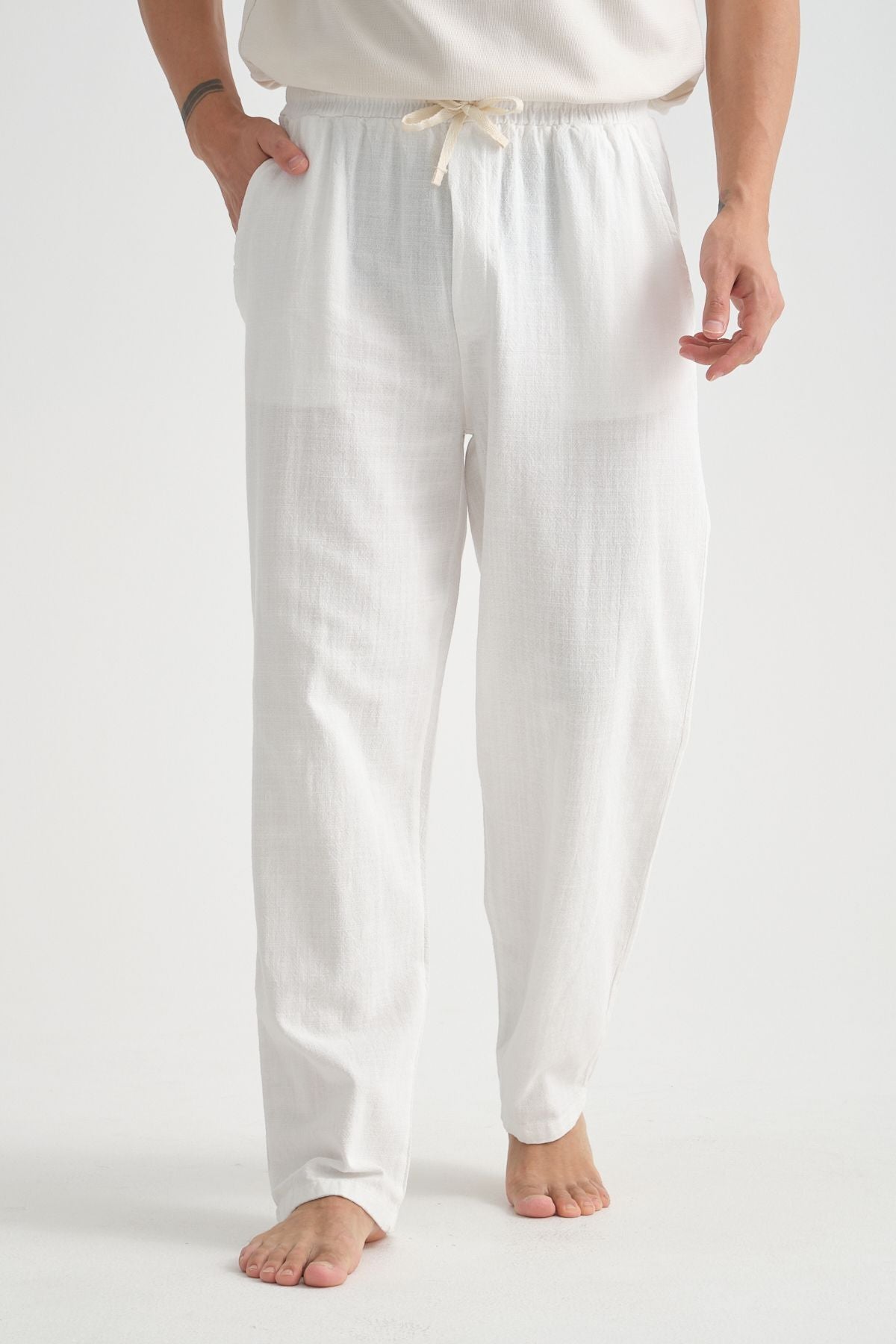 Comforted Erkek Baggy Keten Rahat Pantolon Bol Paça Yeni Sezon Beyaz