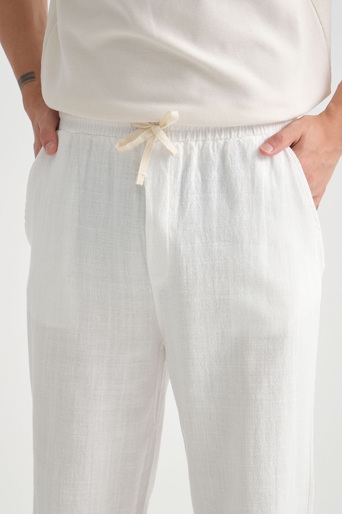 Comforted Erkek Baggy Keten Rahat Pantolon Bol Paça Yeni Sezon Beyaz