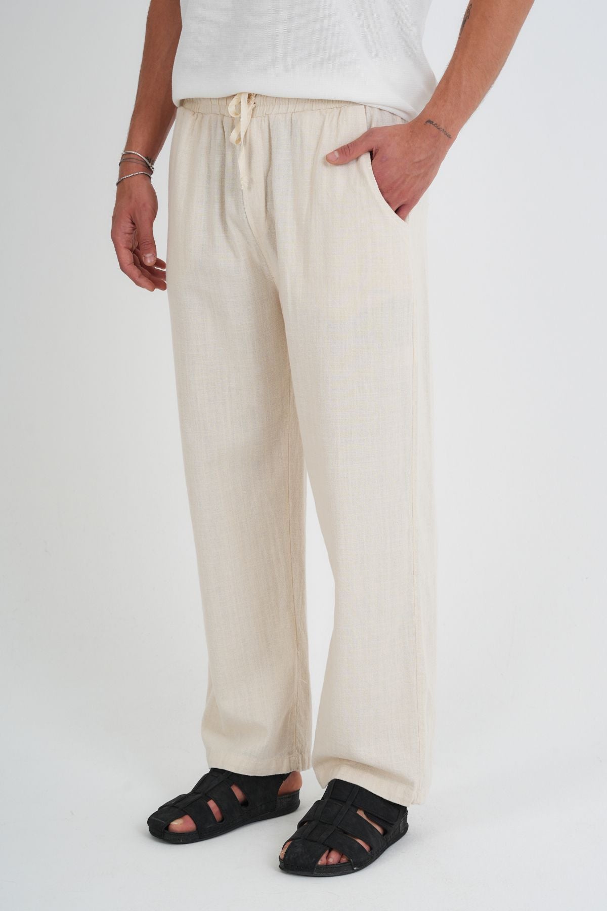Comforted Erkek Baggy Keten Rahat Pantolon Bol Paça Yeni Sezon Bej