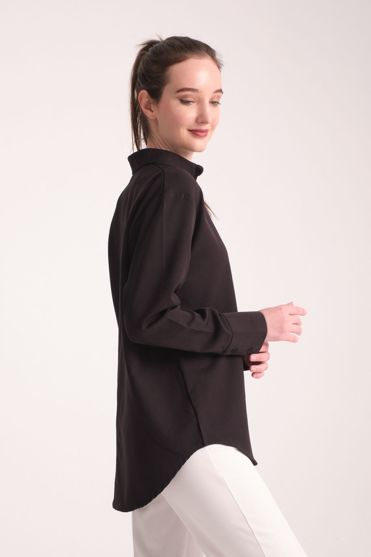 Pure Oversize Iç Göstermeyen Uzun Basic Kadın Gömlek Siyah