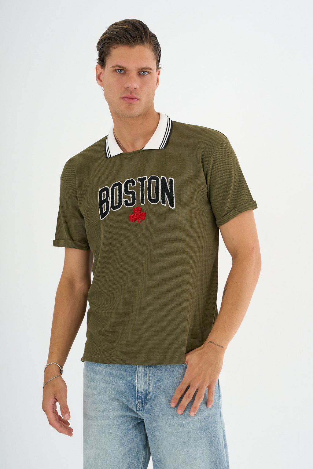 Typo Erkek Slim Fit Polo Tişört Haki