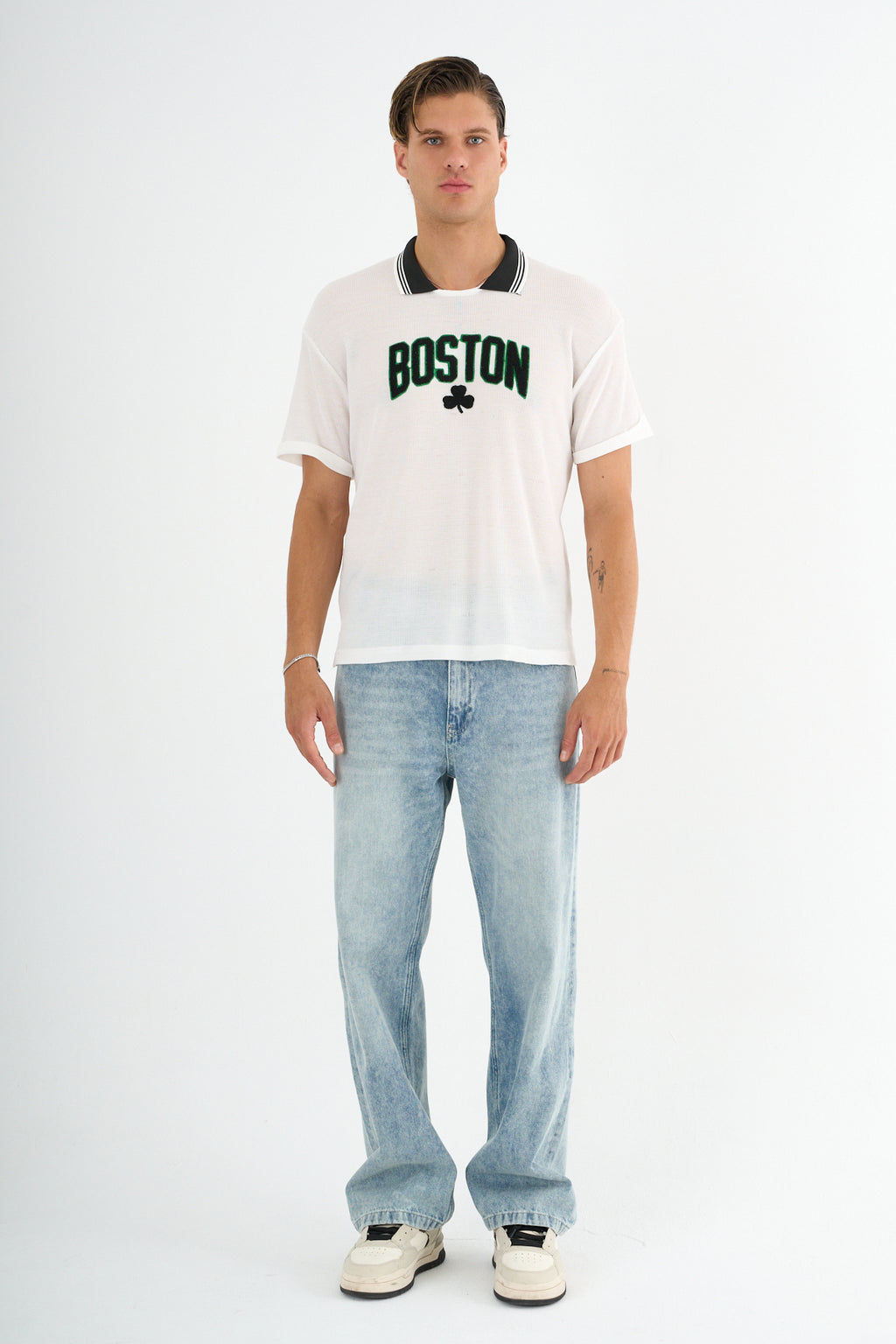 Typo Erkek Slim Fit Polo Tişört Beyaz
