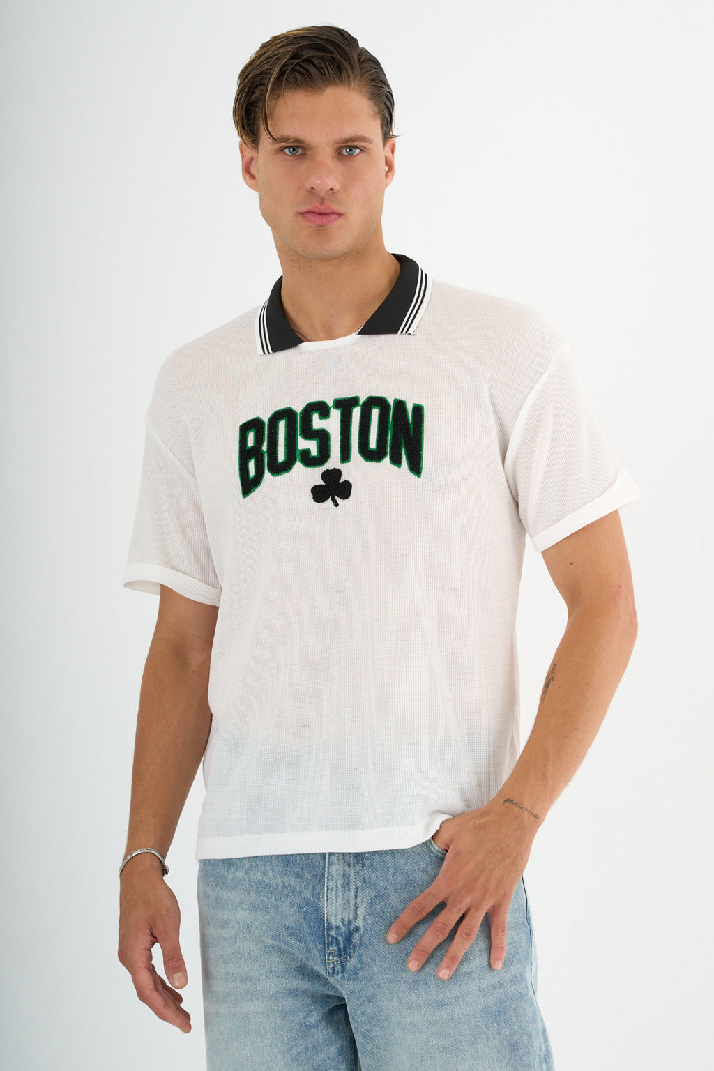 Typo Erkek Slim Fit Polo Tişört Beyaz