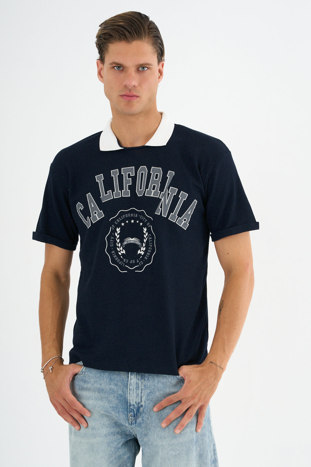 Typo Erkek Slim Fit Polo Tişört Lacivert