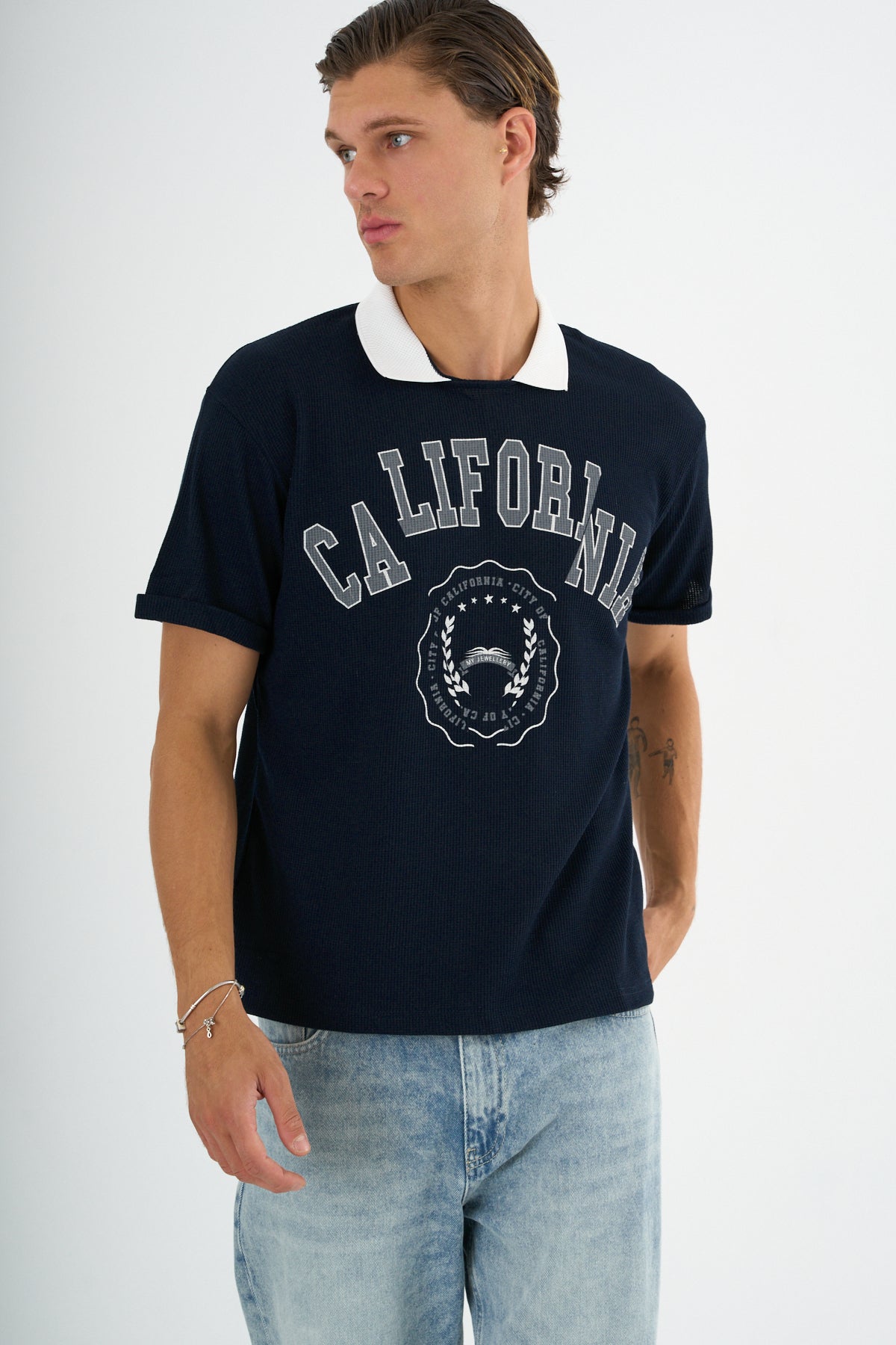 Typo Erkek Slim Fit Polo Tişört Lacivert