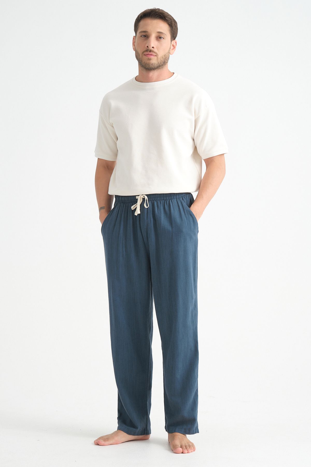 Luxe Erkek Baggy Keten Karışımı Rahat Pantolon Bol Paça Yeni Sezon Lacivert