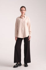Pure Oversize Iç Göstermeyen Uzun Basic Kadın Gömlek Bej