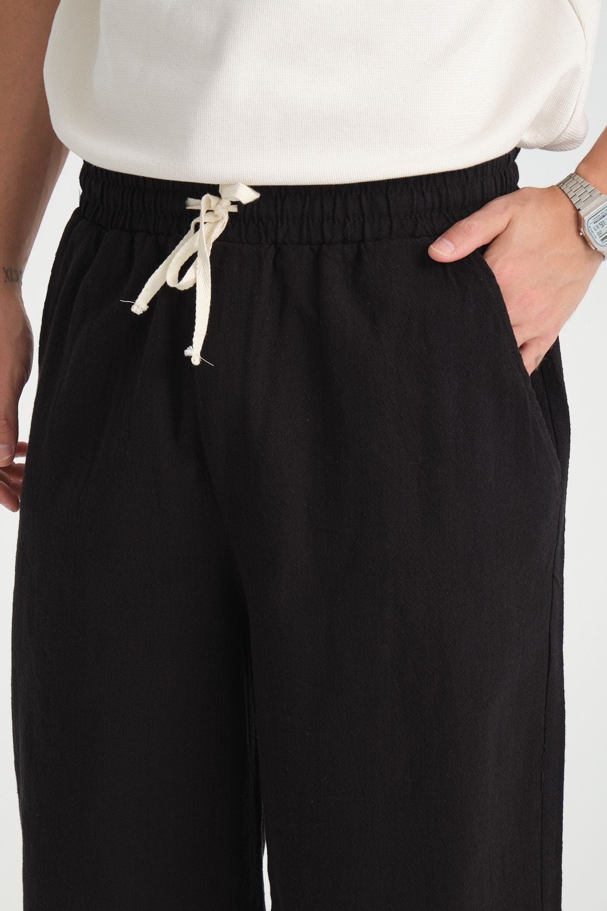 Erkek Baggy Fit Rahat Kesim %100 Pamuk Yumuşak Dokulu Şort Kapri Siyah