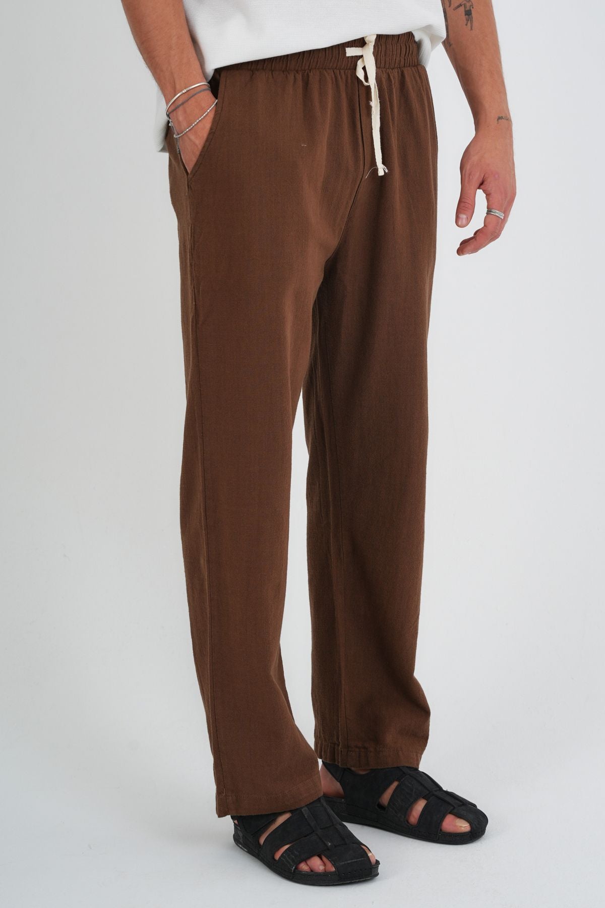 Comforted Erkek Baggy Keten Rahat Pantolon Bol Paça Yeni Sezon Kahverengi