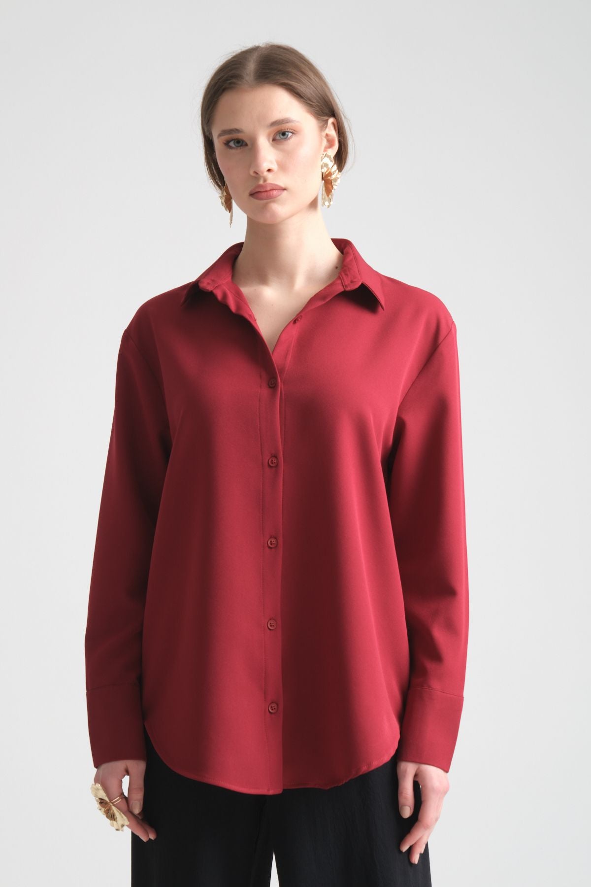 Pure Oversize Iç Göstermeyen Uzun Basic Kadın Gömlek Bordo