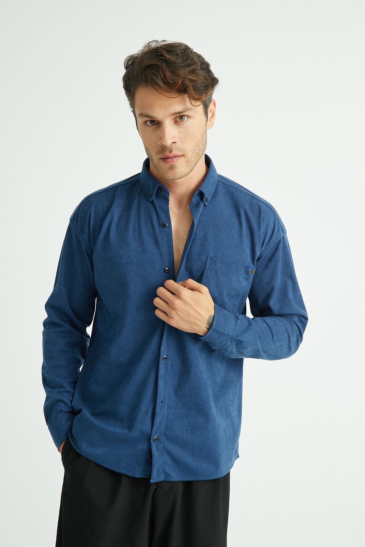 Erkek Regular Fit Kadife Kışlık Gömlek İndigo