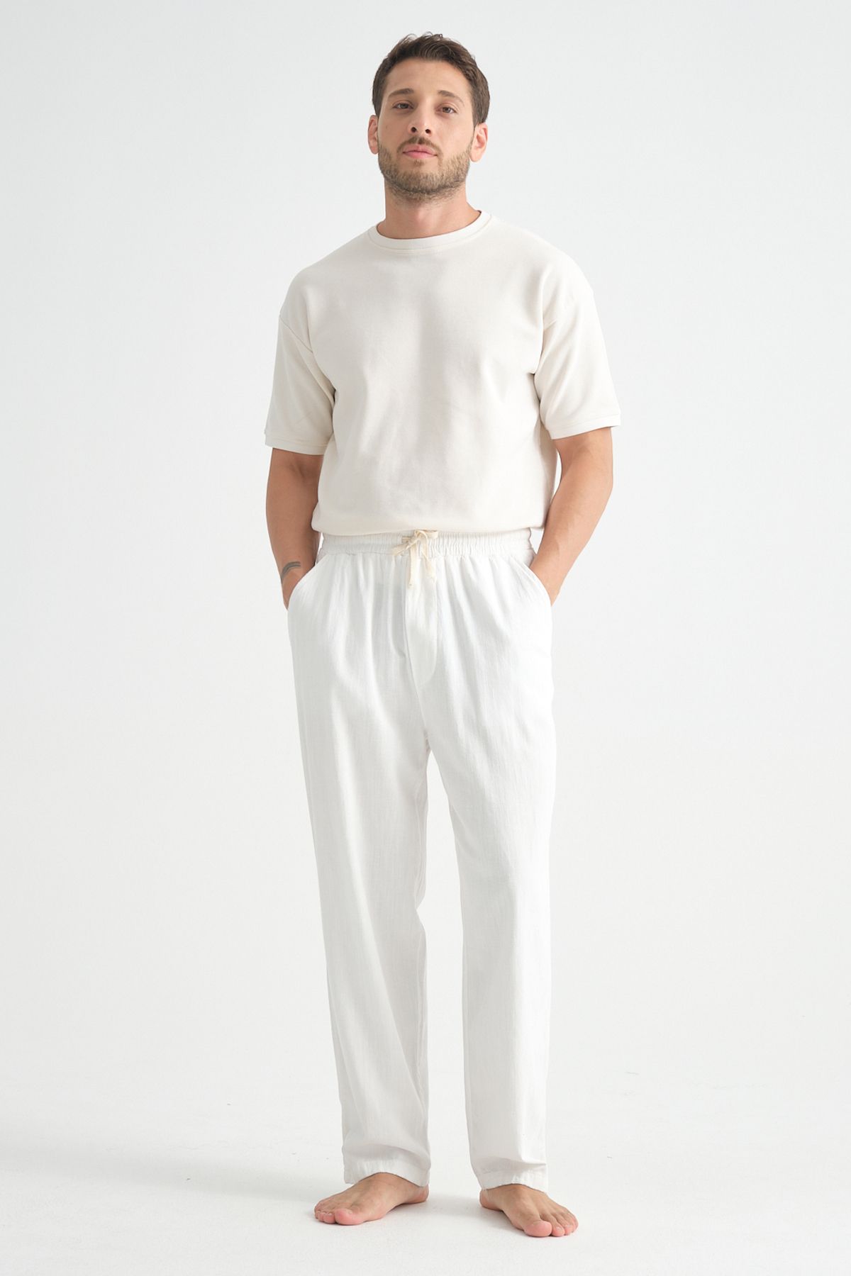 Luxe Baggy Keten Pantolon Beyaz
