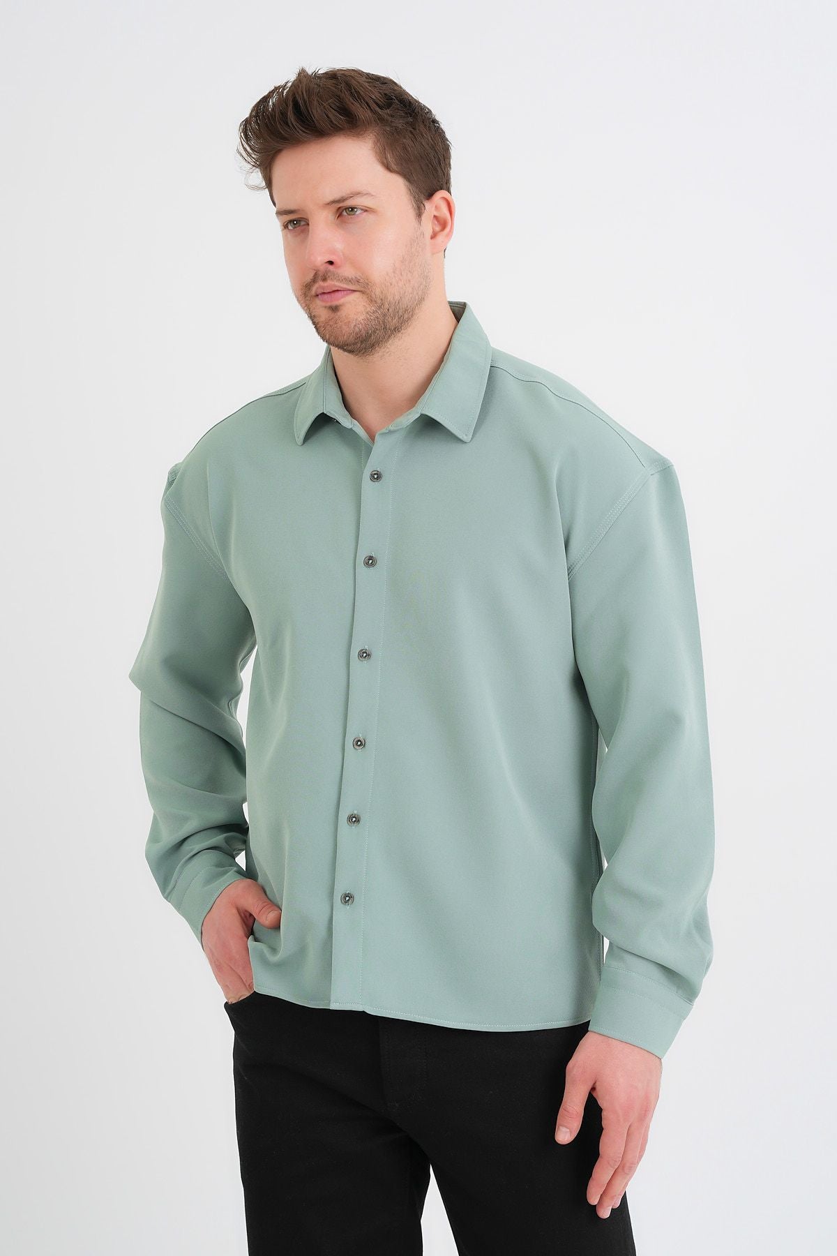 Base Oversize Kolay Ütü Gömlek Mint