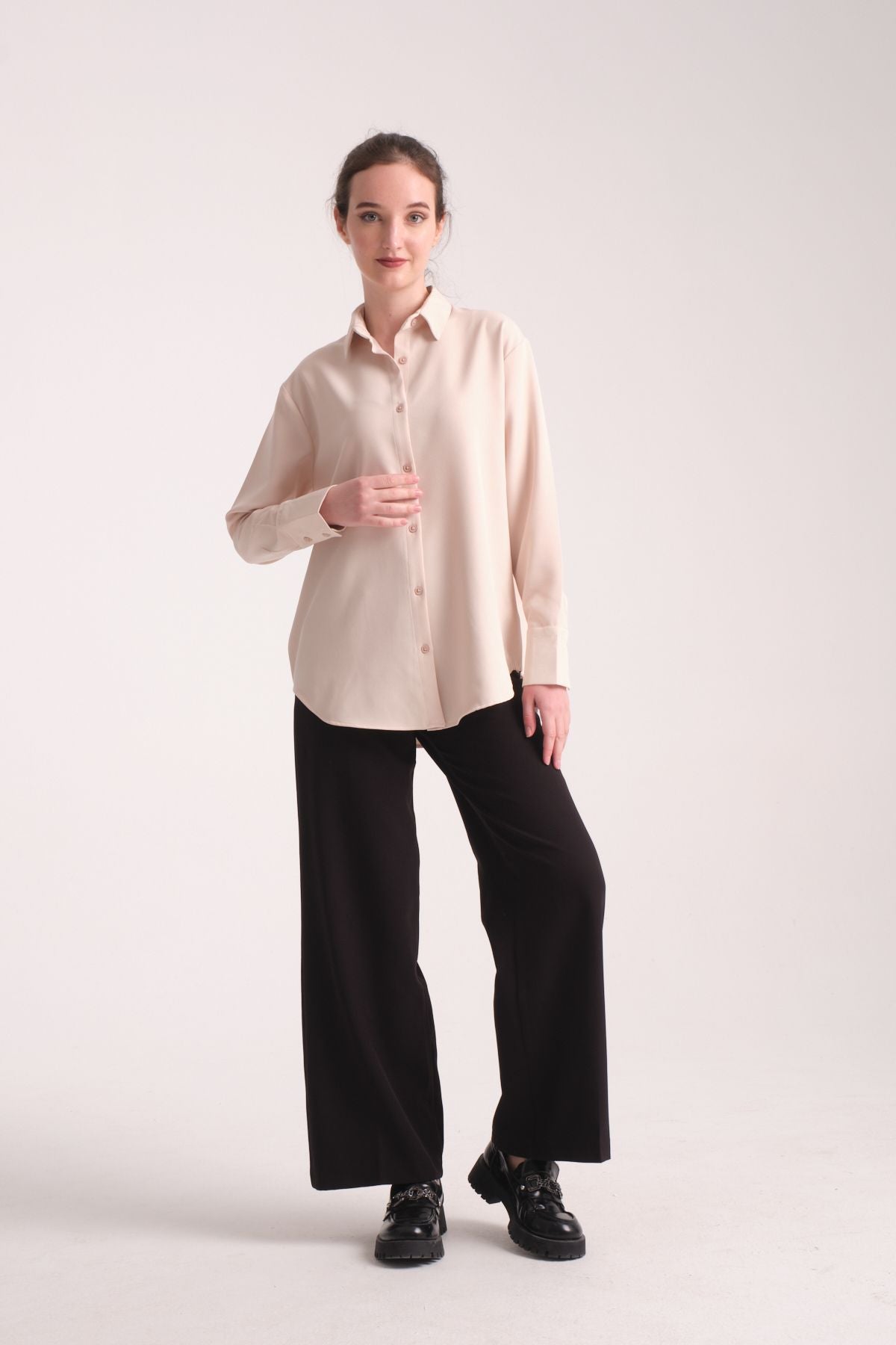Pure Oversize Iç Göstermeyen Uzun Basic Kadın Gömlek Bej