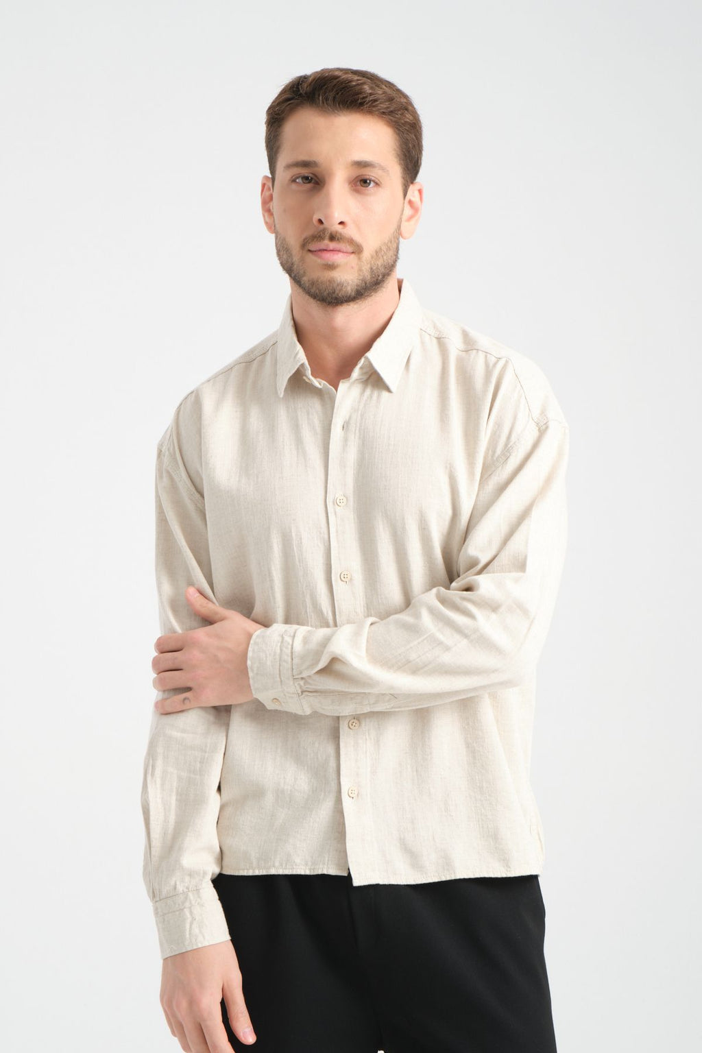 Bond Keten Oversize Rahat Kalıp Premium Kumaş Basic Gömlek Bej
