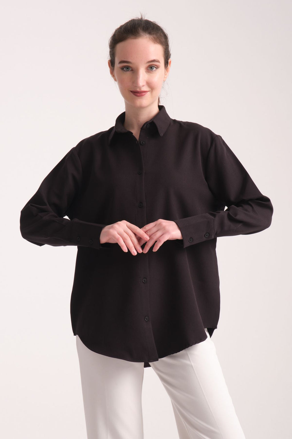 Pure Oversize Iç Göstermeyen Uzun Basic Kadın Gömlek Siyah