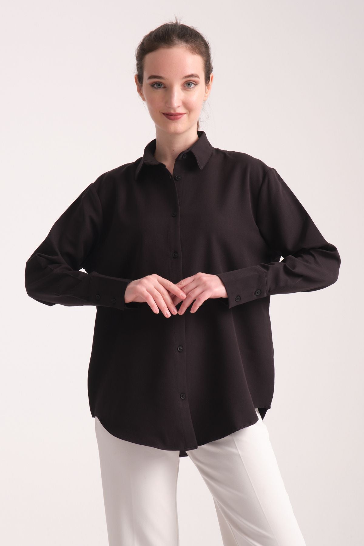 Pure Oversize Iç Göstermeyen Uzun Basic Kadın Gömlek Siyah