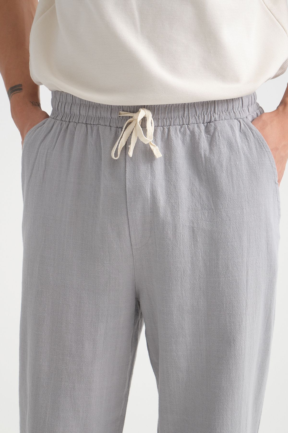Comforted Erkek Baggy Keten Rahat Pantolon Bol Paça Yeni Sezon Gri