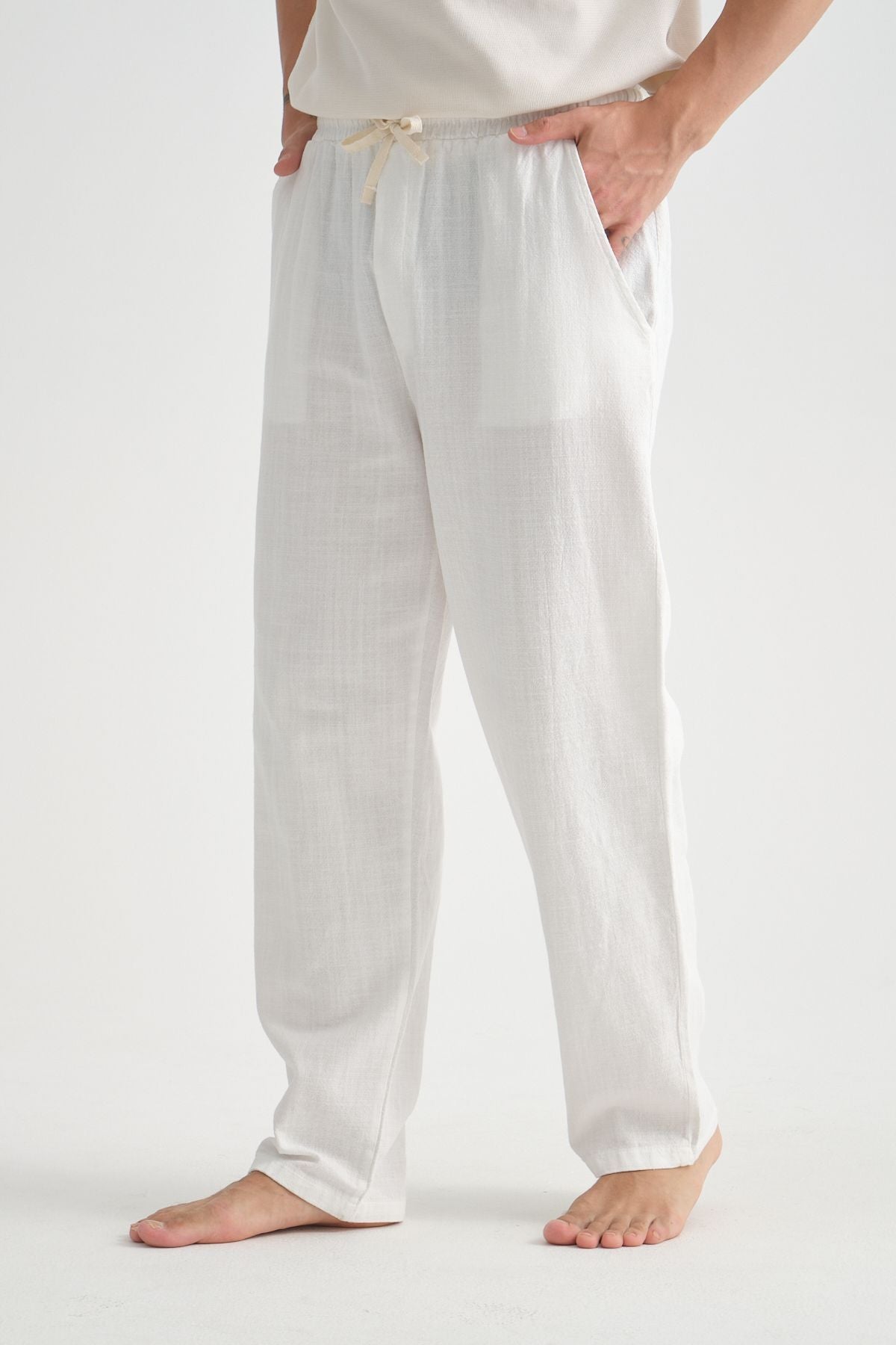 Comforted Erkek Baggy Keten Rahat Pantolon Bol Paça Yeni Sezon Beyaz