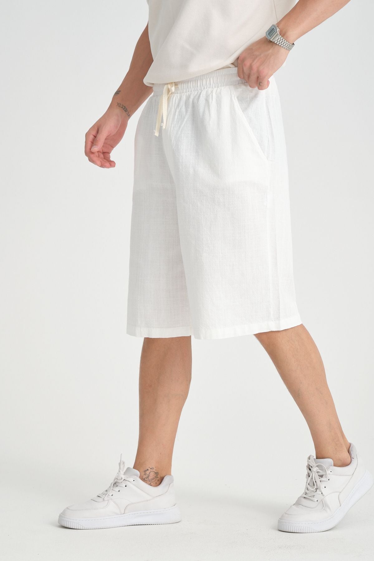 Erkek Baggy Fit Rahat Kesim %100 Pamuk Yumuşak Dokulu Şort Kapri Beyaz