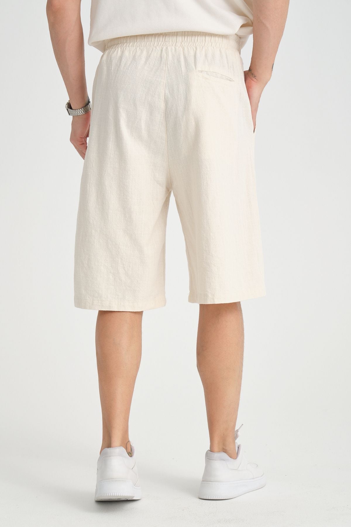 Erkek Baggy Fit Rahat Kesim %100 Pamuk Yumuşak Dokulu Şort Kapri Bej