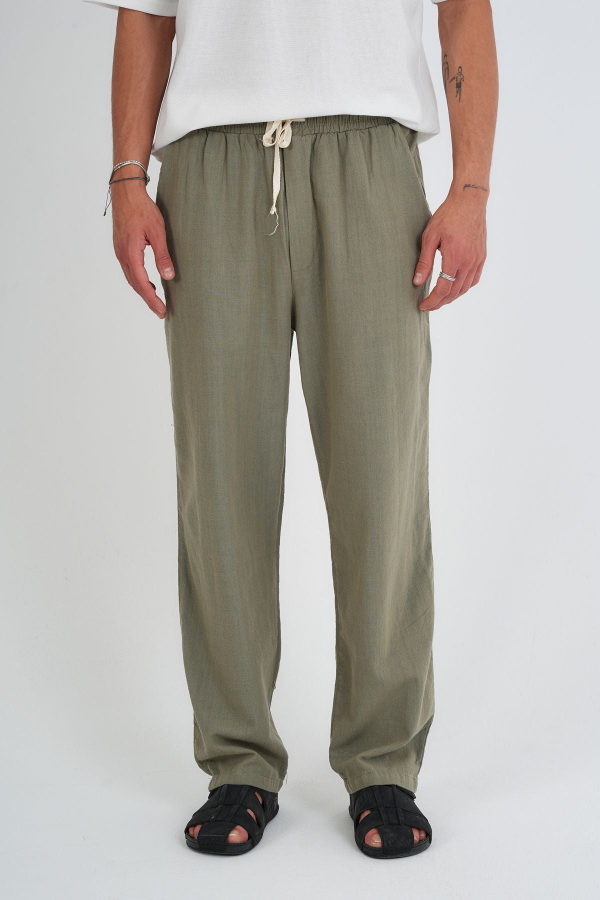 Comforted Erkek Baggy Keten Rahat Pantolon Bol Paça Yeni Sezon Haki