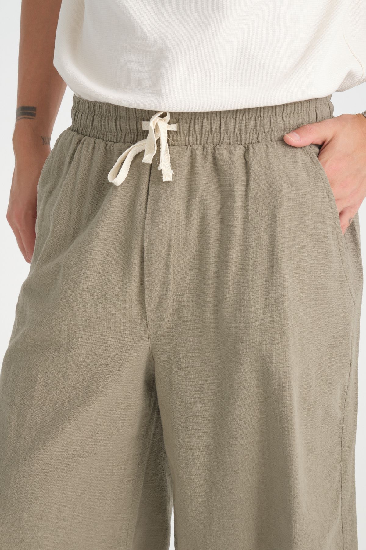 Erkek Baggy Fit Rahat Kesim %100 Pamuk Yumuşak Dokulu Şort Kapri Haki