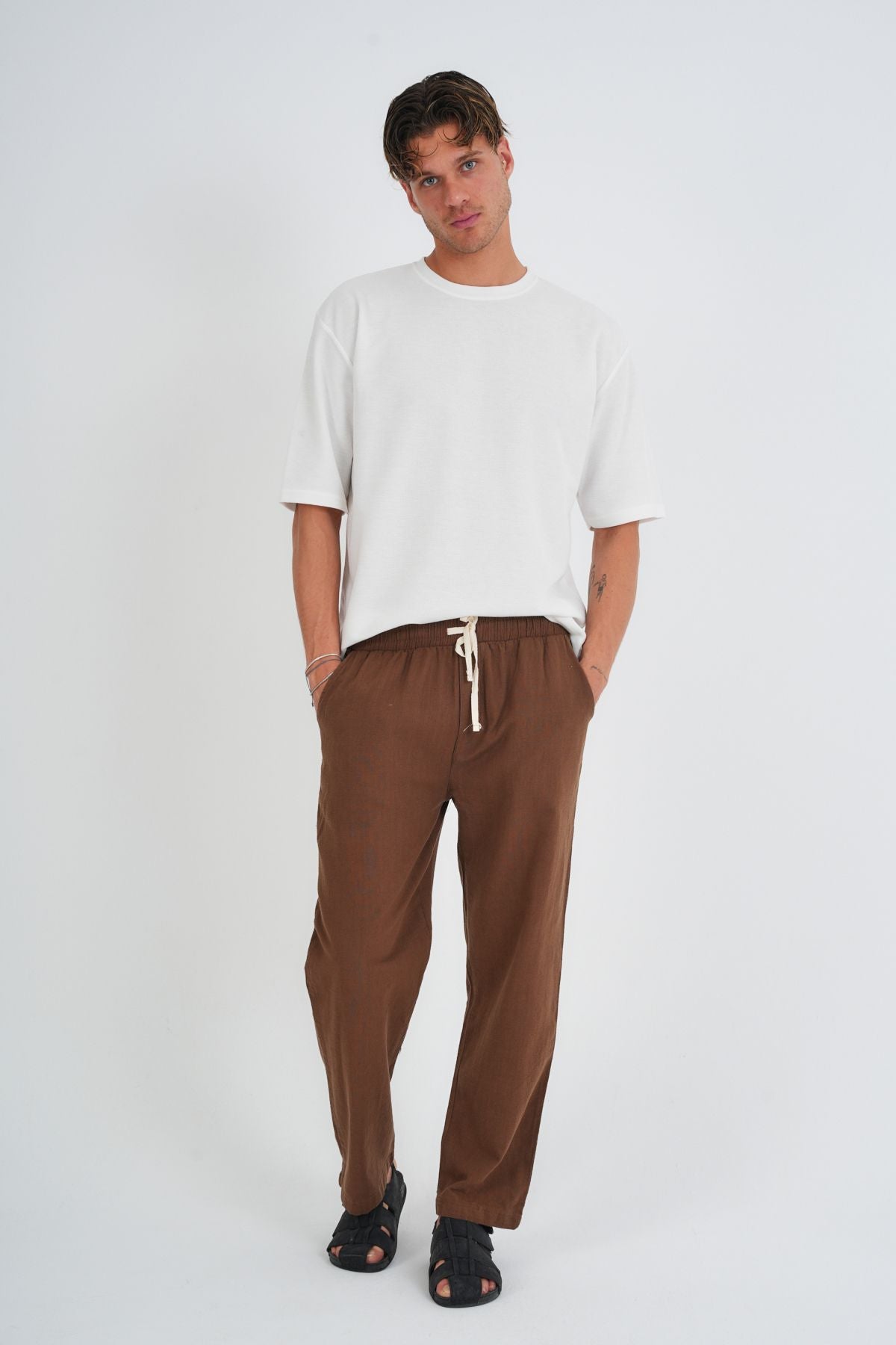 Comforted Erkek Baggy Keten Rahat Pantolon Bol Paça Yeni Sezon Kahverengi