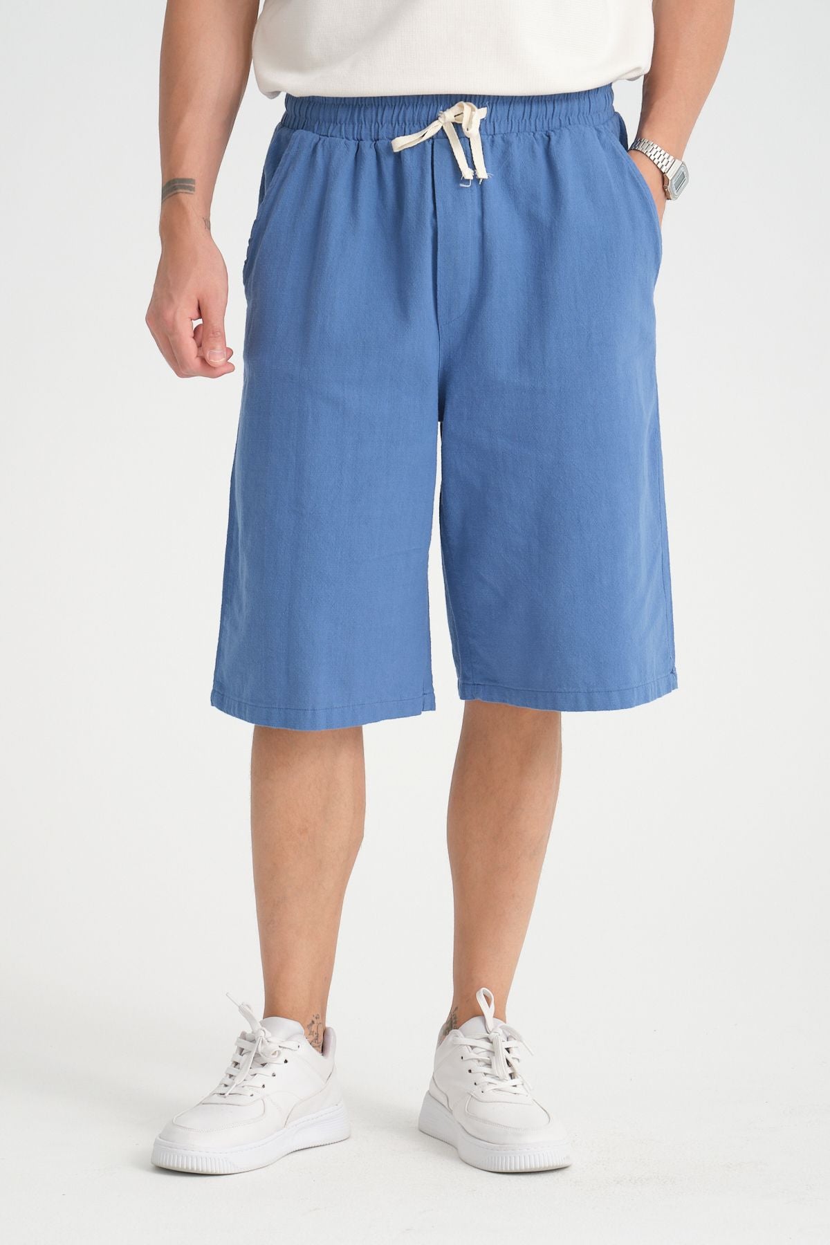 Erkek Baggy Fit Rahat Kesim %100 Pamuk Yumuşak Dokulu Şort Kapri İndigo