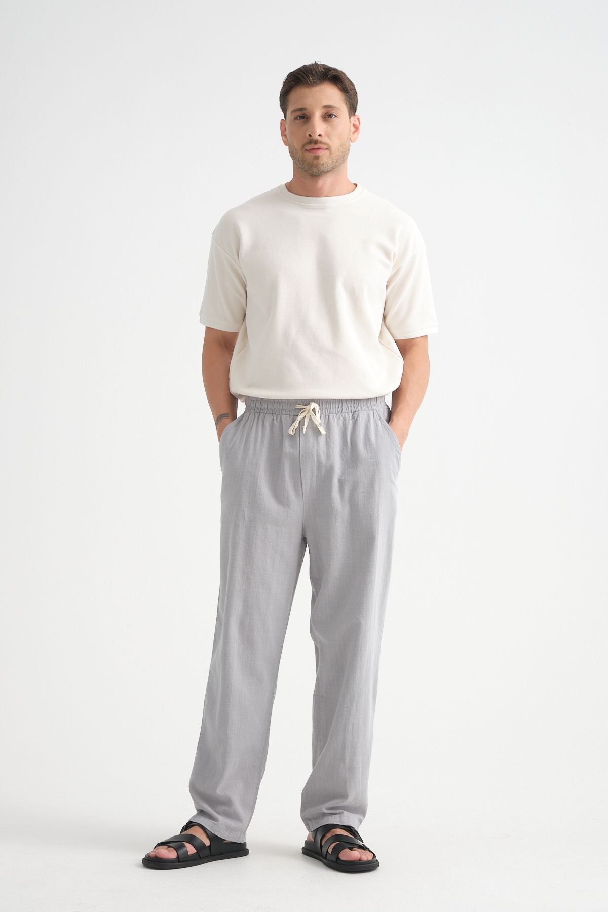 Comforted Erkek Baggy Keten Rahat Pantolon Bol Paça Yeni Sezon Gri